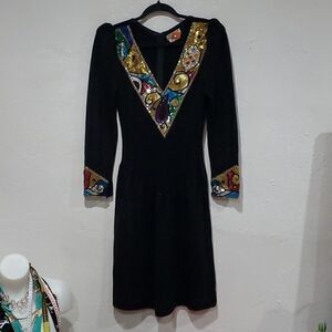 Vintage 1980s Pat Sandler For Wellmore Knit Dress with Sequins Beading Size M